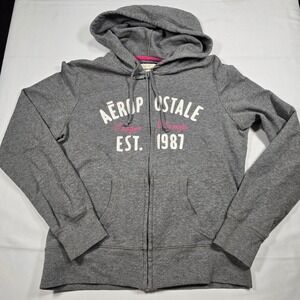 Vintage Y2K Aeropostale Women Gray Full Zip Hoodie Varsity Spellout Sweatshirt M